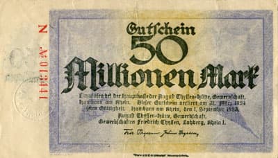 Hamborn / Gutschein August Thyssen-H�tte - 50&nbsp;000&nbsp;000&nbsp;mark - 1&nbsp;septembre&nbsp;1923 - s�rie&nbsp;N - n�&nbsp;013441 - face