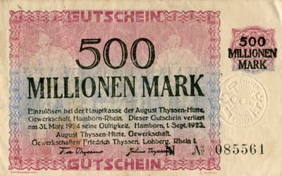 Hamborn / Gutschein August Thyssen-H�tte - 500&nbsp;000&nbsp;000&nbsp;mark - 1&nbsp;septembre&nbsp;1923 - s�rie&nbsp;N - n�&nbsp;085561 - face