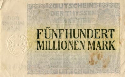 Hamborn / Gutschein August Thyssen-H�tte - 500&nbsp;000&nbsp;000&nbsp;mark - 1&nbsp;septembre&nbsp;1923 - s�rie&nbsp;N - n�&nbsp;085561 - dos