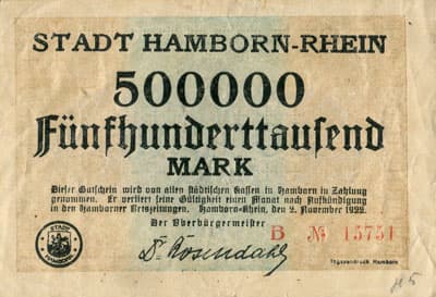 Stadt Hamborn-Rhein - 500&nbsp;000&nbsp;mark - 2&nbsp;novembre&nbsp;1922 - s�rie&nbsp;B - n�&nbsp;15751 - face