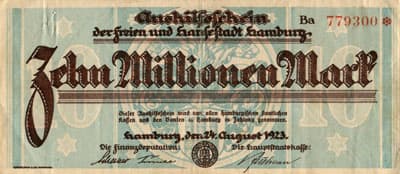 Aushilfsschein der freien und Hansestadt Hamburg - Zehn&nbsp;Millionen&nbsp;Mark - Hamburg, den&nbsp;24,&nbsp;August&nbsp;1923 - 10&nbsp;000&nbsp;000&nbsp;mark - Serie D - n� 162259 - 24 ao�t 1923 - face