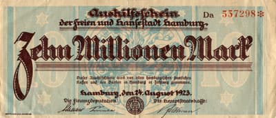 Aushilfsschein der freien und Hansestadt Hamburg - Zehn&nbsp;Millionen&nbsp;Mark - Hamburg, den&nbsp;24,&nbsp;August&nbsp;1923 - 10&nbsp;000&nbsp;000&nbsp;mark - den&nbsp;24,&nbsp;August&nbsp;1923 - Serie&nbsp;Da - n�&nbsp;557298 - face