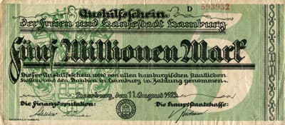 Aushilfsschein der freien und Hansestadt Hamburg - F�nf&nbsp;Millionen&nbsp;Mark - Hamburg, den&nbsp;11&nbsp;August&nbsp;1923 - 5&nbsp;000&nbsp;000&nbsp;mark - den 11&nbsp;August&nbsp;1923 - s�rie&nbsp;D - n�&nbsp;593932 - face