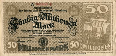 Aushilfsschein der freien und Hansestadt Hamburg - F�nfzig&nbsp;Millionen&nbsp;Mark - Hamburg, den&nbsp;27&nbsp;september&nbsp;1923 - 50&nbsp;000&nbsp;000&nbsp;mark -  den&nbsp;27&nbsp;september&nbsp;1923 - Serie&nbsp;A - n�&nbsp;004468 - face