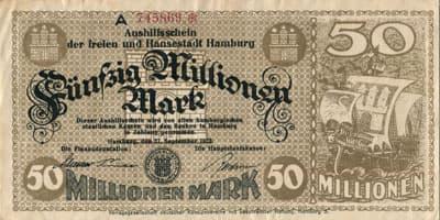 Aushilfsschein der freien und Hansestadt Hamburg - F�nfzig&nbsp;Millionen&nbsp;Mark - Hamburg, den&nbsp;27&nbsp;september&nbsp;1923 - 50&nbsp;000&nbsp;000&nbsp;mark -  den&nbsp;27&nbsp;september&nbsp;1923 - Serie&nbsp;A - n�&nbsp;745869 - face