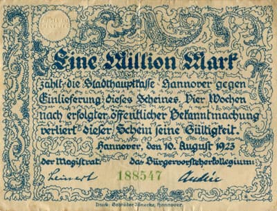 Notgeld - Hannover (Niedersachsen - Allemagne) - 1&nbsp;000&nbsp;000&nbsp;mark (eine&nbsp;millon) - 10&nbsp;ao�t&nbsp;1923 - n�&nbsp;188547 - face
