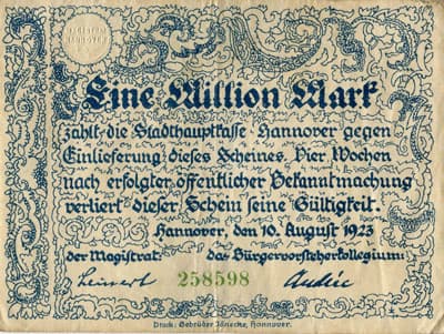 Notgeld - Hannover (Niedersachsen - Allemagne) - 1&nbsp;000&nbsp;000&nbsp;mark (eine&nbsp;millon) - 10&nbsp;ao�t&nbsp;1923 - n�&nbsp;258598 - face
