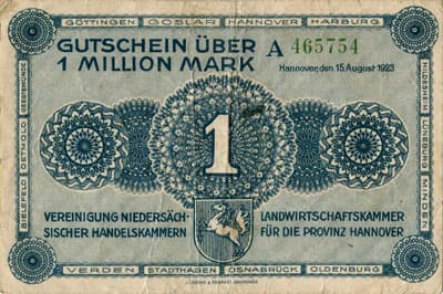 Notgeld - Provinz Hannover (Niedersachsen - Allemagne) - 1&nbsp;000&nbsp;000&nbsp;mark - 15&nbsp;ao�t&nbsp;1923 - s�rie&nbsp;A - n�&nbsp;465754 - face