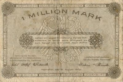 Notgeld - Provinz Hannover (Niedersachsen - Allemagne) - 1&nbsp;000&nbsp;000&nbsp;mark - 15&nbsp;ao�t&nbsp;1923 - s�rie&nbsp;A - n�&nbsp;465754 - dos