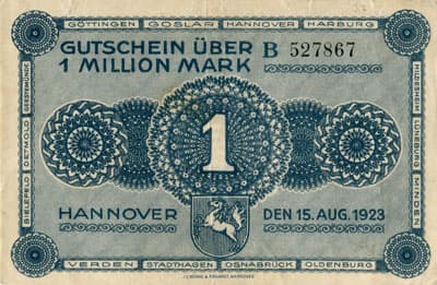 Notgeld - Provinz Hannover (Niedersachsen - Allemagne) - 1&nbsp;000&nbsp;000&nbsp;mark - 15&nbsp;ao�t&nbsp;1923 - s�rie&nbsp;B - n�&nbsp;527867 - face