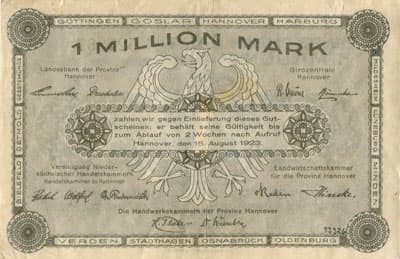 Notgeld - Provinz Hannover (Niedersachsen - Allemagne) - 1&nbsp;000&nbsp;000&nbsp;mark - 15&nbsp;ao�t&nbsp;1923 - s�rie&nbsp;B - n�&nbsp;527867 - dos