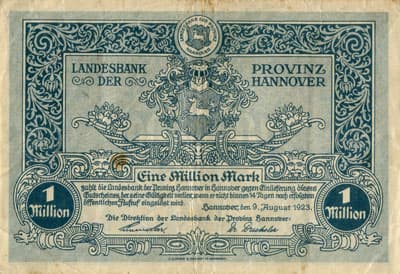 Notgeld - Provinz Hannover (Niedersachsen - Allemagne) - 1&nbsp;000&nbsp;000&nbsp;mark - 9&nbsp;ao�t&nbsp;1923 - s�rie&nbsp;B - n�&nbsp;162216 - face
