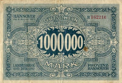 Notgeld - Provinz Hannover (Niedersachsen - Allemagne) - 1&nbsp;000&nbsp;000&nbsp;mark - 9&nbsp;ao�t&nbsp;1923 - s�rie&nbsp;B - n�&nbsp;162216 - dos
