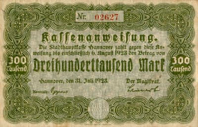 Notgeld - Hannover (Niedersachsen - Allemagne) - 300&nbsp;000&nbsp;mark - 31&nbsp;juillet&nbsp;1923 - n�&nbsp;02627 - face