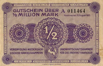 Notgeld - Provinz Hannover (Niedersachsen - Allemagne) - 500&nbsp;000&nbsp;mark (&frac12;&nbsp;millon) - 15&nbsp;ao�t&nbsp;1923 - s�rie&nbsp;A - n�&nbsp;011464 - face
