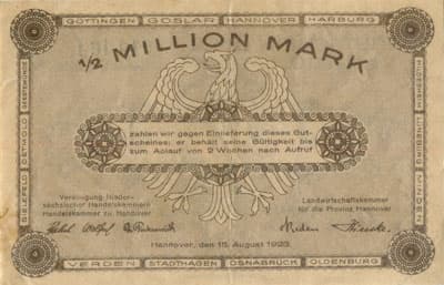 Notgeld - Provinz Hannover (Niedersachsen - Allemagne) - 500&nbsp;000&nbsp;mark (&frac12;&nbsp;millon) - 15&nbsp;ao�t&nbsp;1923 - s�rie&nbsp;A - n�&nbsp;011464 - dos