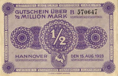 Notgeld - Provinz Hannover (Niedersachsen - Allemagne) - 500&nbsp;000&nbsp;mark (&frac12;&nbsp;millon) - 15&nbsp;ao�t&nbsp;1923 - s�rie&nbsp;B - n�&nbsp;570647 - face