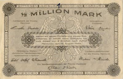Notgeld - Provinz Hannover (Niedersachsen - Allemagne) - 500&nbsp;000&nbsp;mark (&frac12;&nbsp;millon) - 15&nbsp;ao�t&nbsp;1923 - s�rie&nbsp;B - n�&nbsp;570647 - dos
