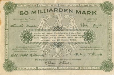 Notgeld - Provinz Hannover (Niedersachsen - Allemagne) - 50&nbsp;000&nbsp;000&nbsp;000&nbsp;mark - 25&nbsp;octobre&nbsp;1923 - s�rie&nbsp;C - n�&nbsp;070571 - dos