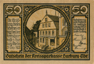 Gustchein der Kreissparkasse Harburg-Elbe (Hamburg - Allemagne) - 15&nbsp;septembre&nbsp;1921 - 50 pfennige - face