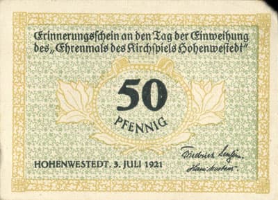 Notgeld der Stadt Hohenwestedt (Schleswig-Holstein - Allemagne) - 50 pfennige - 3&nbsp;Juillet&nbsp;1921- face