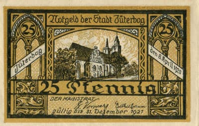 Notgeld der Stadt J�terbog (Brandenburg - Allemagne) - 25&nbsp;pfennige - 8&nbsp;mai&nbsp;1920 - face