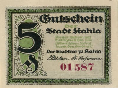 Gutschein der Stadt Kahla (Th�ringen - Allemagne) - 5 pfennige n�&nbsp;01587 - 1921 - face