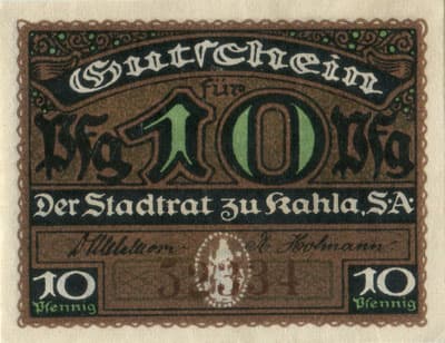 Gutschein der Stadt Kahla (Th�ringen - Allemagne) - 10 pfennige n�&nbsp;52334 - 1920 - face