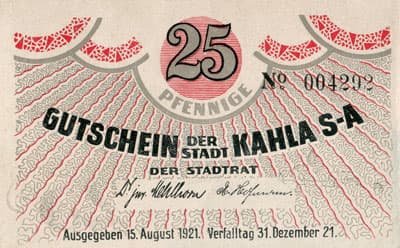 Gutschein der Stadt Kahla (Th&uuml;ringen - Allemagne) - 25 pfennige n&ordm;&nbsp;004292 - 15&nbsp;ao�t&nbsp;1921 - face