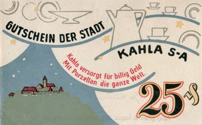 Gutschein der Stadt Kahla (Th&uuml;ringen - Allemagne) - 25 pfennige n&ordm;&nbsp;004292 - 15&nbsp;ao�t&nbsp;1921 - dos