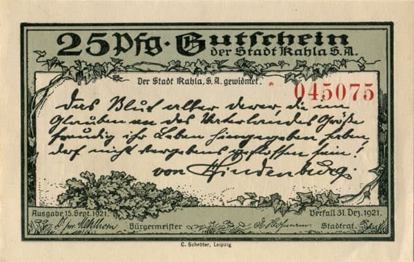 Gutschein der Stadt Kahla (Th&uuml;ringen - Allemagne) - 25 pfennige n&ordm;&nbsp;045705 - 15&nbsp;septembre&nbsp;1921 - face