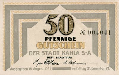 Gutschein der Stadt Kahla (Th&uuml;ringen - Allemagne) - 50 pfennige n&ordm;&nbsp;004041 - 15&nbsp;ao�t&nbsp;1921 - face