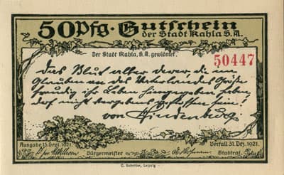 Gutschein der Stadt Kahla (Th&uuml;ringen - Allemagne) - 50 pfennige n&ordm;&nbsp;50447 - 15&nbsp;septembre&nbsp;1921 - face