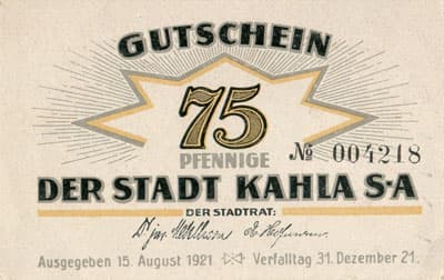 Gutschein der Stadt Kahla (Th&uuml;ringen - Allemagne) - 75 pfennige n&ordm;&nbsp;004218 - 15&nbsp;ao�t&nbsp;1921 - face