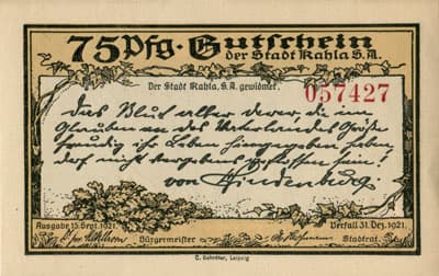 Gutschein der Stadt Kahla (Th&uuml;ringen - Allemagne) - 75 pfennige n&ordm;&nbsp;057427 - 15&nbsp;septembre&nbsp;1921 - face
