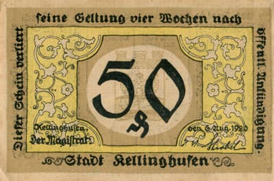 Notgeld der Stadt Kellinghusen (Schleswig-Holstein - Allemagne) - 50 pfennige - 6&nbsp;ao�t&nbsp;1920 - dos