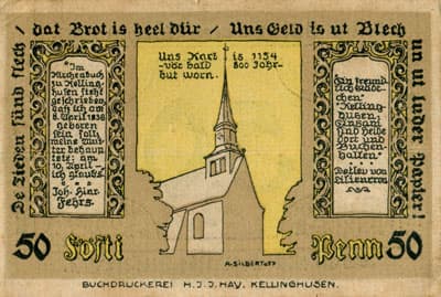 Notgeld der Stadt Kellinghusen (Schleswig-Holstein - Allemagne) - 50 pfennige - 6&nbsp;ao�t&nbsp;1920 - face