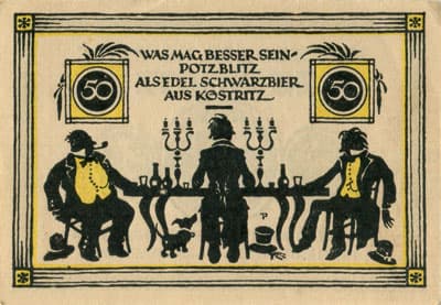 Notgeld der gemeinde K�stritz (Th�ringen - Allemagne) - 50 pfennige (1921) - Was mag besser sein potzblitz als edel schwarzbier aus K�stritz - face