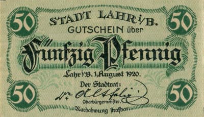 Gutschein der Stadt Lahr i/B. (Baden-W&uuml;rttemberg - Allemagne) - 50 pfennige - 1er ao�t 1920 - dos