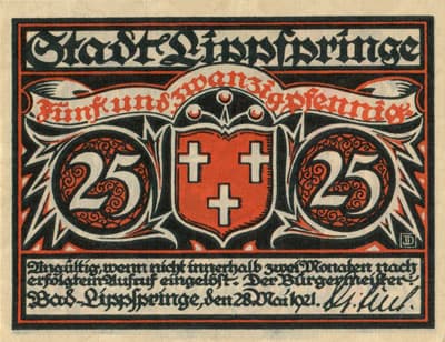 Stadt Lippspringe (Nordrhein-Westfalen - Allemagne) - 25 pfennige - �mission du 28 mai 1921 - face