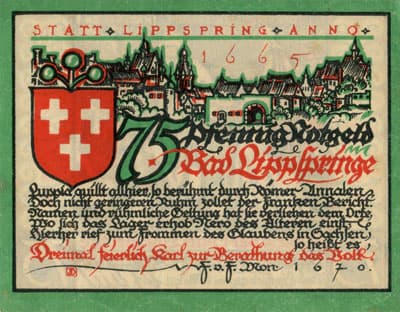 Notgeld der Stadt Lippspringe (Nordrhein-Westfalen - Allemagne) - 75 pfennige - �mission du 28 mai 1921 - face