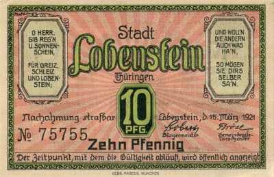 Notgeld der Stadt Lobenstein - 10 pfennige - n� 75755 - 15 mars 1921 - face
