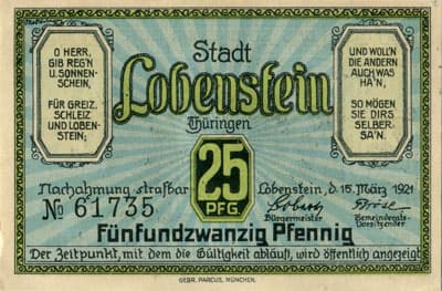 Notgeld der Stadt Lobenstein - 25 pfennige - n� 61735 - 15 mars 1921 - face