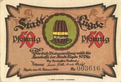 Notgeld Stadt L�gde (Nordrhein-Westfalen - Allemagne) - 50 pfennige n� 003616 - 16 f�vrier 1921 - dos