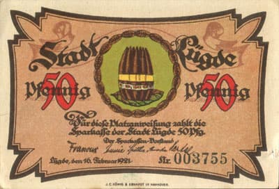 Notgeld Stadt L�gde (Nordrhein-Westfalen - Allemagne) - 50 pfennige n� 003755 - 16 f�vrier 1921 - dos