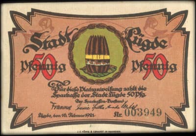 Notgeld Stadt L�gde (Nordrhein-Westfalen - Allemagne) - 50 pfennige n� 003949 - 16 f�vrier 1921 - dos