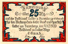Notgeld Lutter am Barenberge (Braunschweig - Allemagne) - 25 pfennige - �mission du 30 d�cembre 1920 - dos