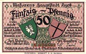 Notgeld Lyck ( Ostpreussen - Allemagne ) - 50 pfennige - �mission du 1er octobre 1921 - dos