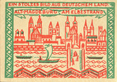 Notgeld Magdeburg (Sachsen-Anhalt - Allemagne) - 50 pfennige 1921 - s�rie A - n� 334376 - Ein stolzes bild aus deutschem land : alt-Magdeburg am Elbestrand - face