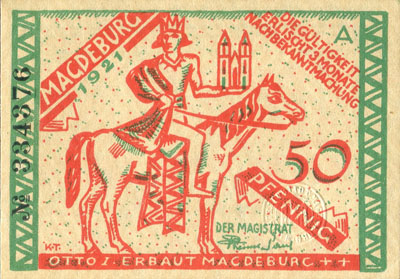 Notgeld Magdeburg (Sachsen-Anhalt - Allemagne) - 50 pfennige 1921 - s�rie A - n� 334376 - Ein stolzes bild aus deutschem land : alt-Magdeburg am Elbestrand - dos